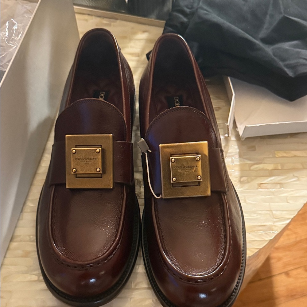 Dolce & Gabbana Men's Dark Red Loafers with Brass Buckle